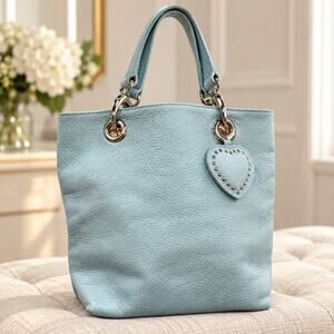 Tanner Light Blue Pebbled Leather Tote Handbag Studded Heart Charm Made in Italy